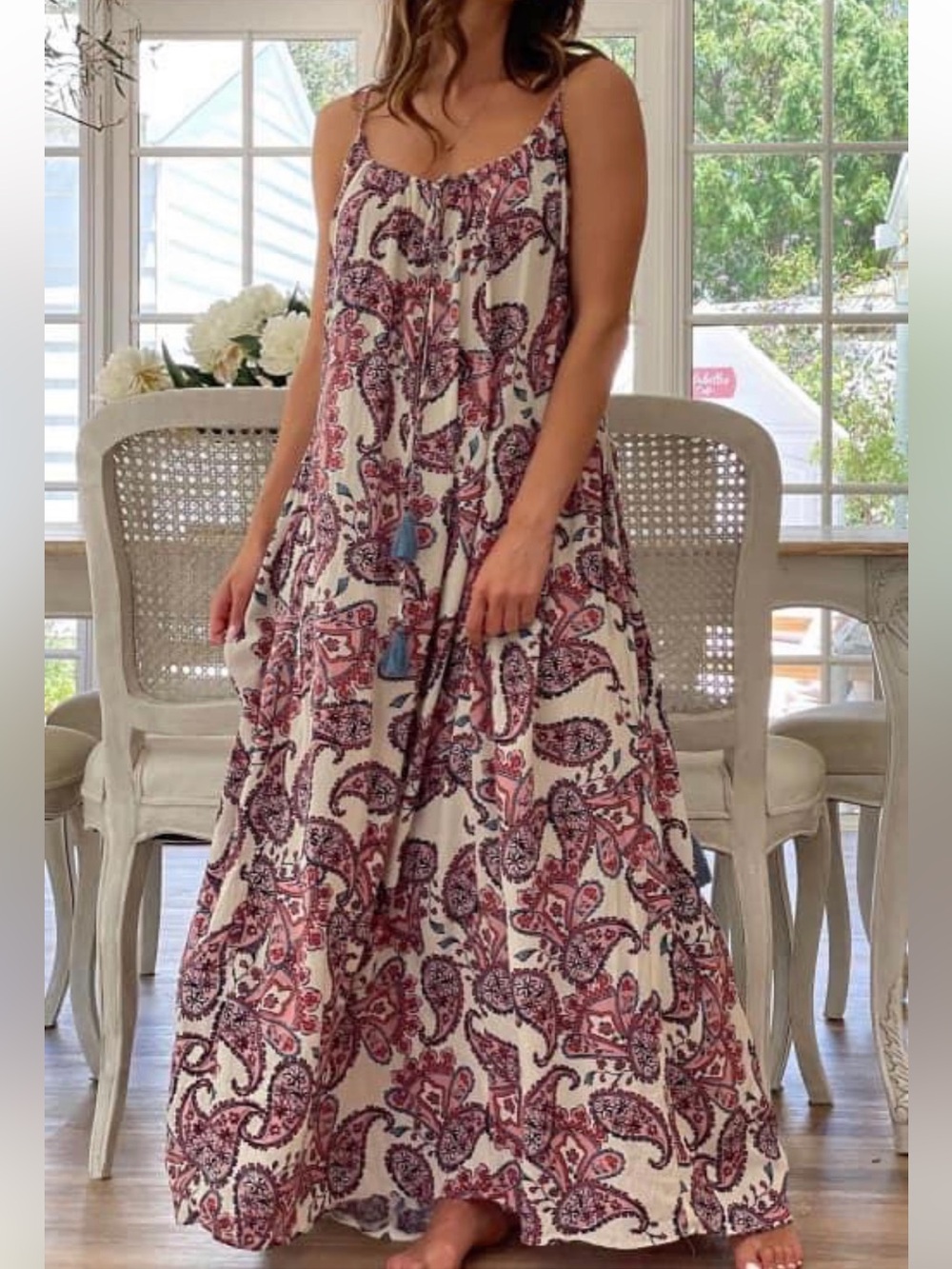 Sugared + Bronzed Boho Paisley Maxi Dress in Cream and Pink- XL